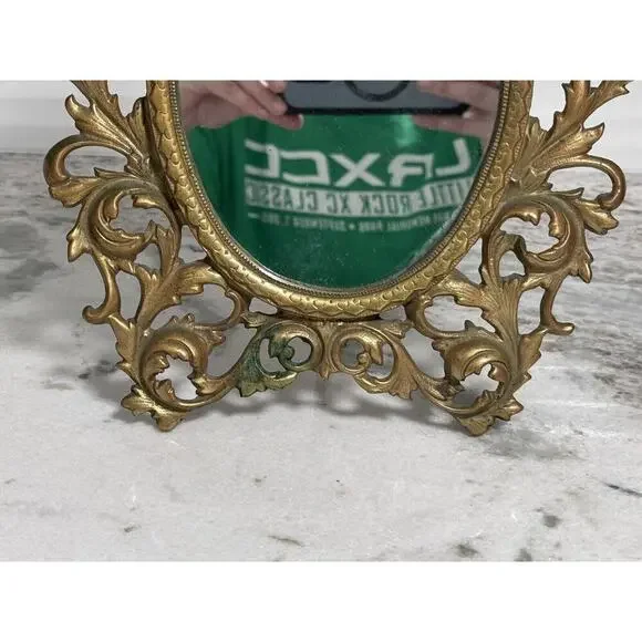 Antique Victorian Heavy Brass Art Nouveau Oval Self Standing Glass Mirror